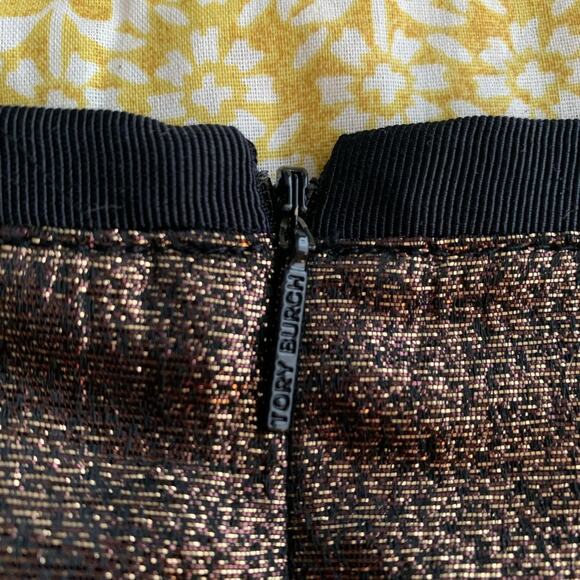 Tory Burch Metallic Gold Pencil Skirt w Black Lace Trim - Picture 3 of 16